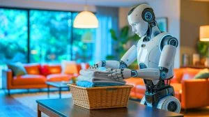 Illustration de robots humanoïdes utilisant l'IA Helix pour accomplir des tâches ménagères.