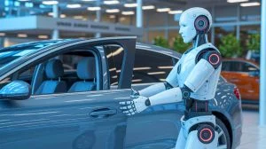 Illustration de Mornine, le robot humanoïde d'AiMOGA Robotics, ouvrant une portière de voiture de manière autonome.
