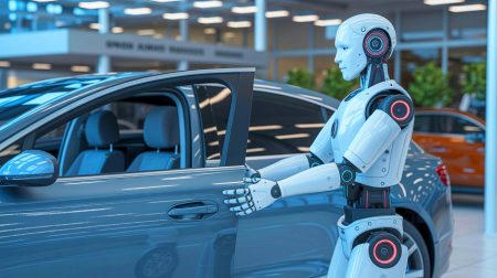 Illustration de Mornine, le robot humanoïde d'AiMOGA Robotics, ouvrant une portière de voiture de manière autonome.