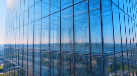 Illustration de l'utilisation de verre autonettoyant sur la façade d'un gratte-ciel grâce à des champs électriques.