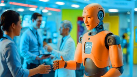 Illustration de l'interaction empathique du robot humanoïde GR-3 dans divers environnements sociaux.