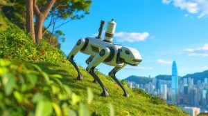 Illustration de chiens robots pulvérisant des insecticides pour lutter contre le virus Chikungunya à Hong Kong.