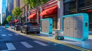 Illustration de la livraison urbaine innovante avec véhicules électriques, robots autonomes et casiers de retrait.