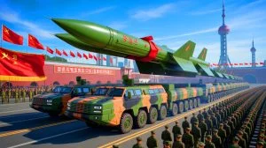 Illustration de la démonstration de puissance militaire chinoise avec des missiles hypersoniques lors du défilé à Pékin.