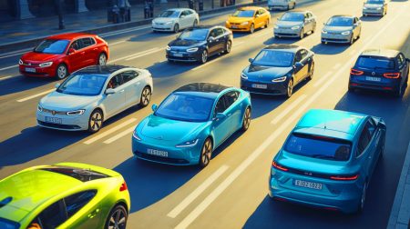 Illustration de la coexistence entre voitures thermiques durables et voitures électriques innovantes.