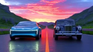 Illustration de la cohabitation entre voitures thermiques et électriques sur le marché automobile.