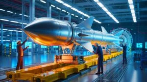 Illustration de la fabrication du missile de croisière Flamingo dans l'usine de défense ukrainienne Fire Point.