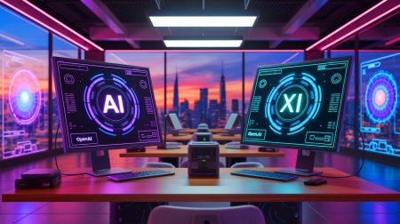 Illustration de la compétition entre Elon Musk et OpenAI dans le domaine de l'intelligence artificielle.