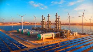 Illustration de la construction du Yanbu Green Hydrogen Hub en Arabie saoudite.