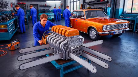 Illustration de la construction d'un moteur V16 à partir de tronçonneuses par l'équipe de Garage 54.