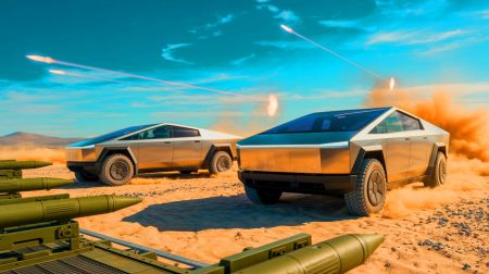 Illustration de l'utilisation des Tesla Cybertrucks par l'armée de l'air américaine pour des essais de munitions.