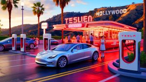 Illustration de l'ouverture du Tesla Diner & Drive-In à Hollywood.
