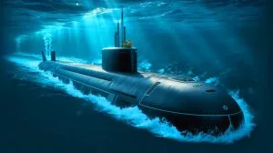 Illustration de l'USS Iowa, sous-marin nucléaire d'attaque rapide symbolisant la puissance navale et l'innovation technologique américaines.