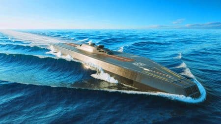 Illustration de l'USX-1 Defiant, navire de guerre autonome révolutionnant les opérations navales.