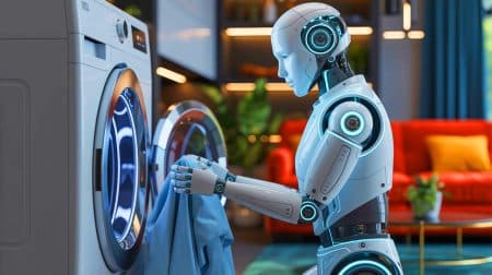 Illustration de Figure 02 effectuant des tâches ménagères avec le modèle Helix.