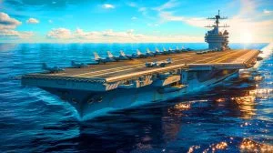 Illustration de l'USS Gerald R. Ford, le plus grand porte-avions du monde, symbole de la suprématie militaire américaine.