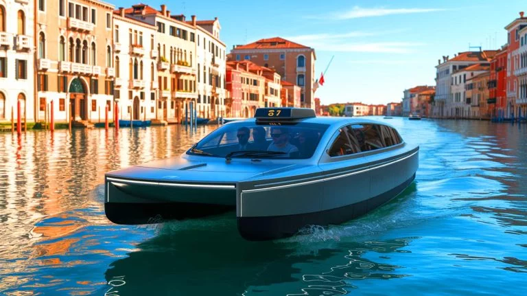 Illustration de Lucietta, le premier taxi aquatique entièrement électrique de Venise, alliant tradition vénitienne et innovation technologique.