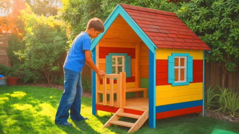 Illustration de la transformation d'un abri de jardin en maison de jeu par un adolescent.
