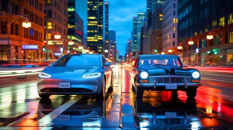 Illustration de la cohabitation entre voitures électriques et thermiques sur le marché automobile.