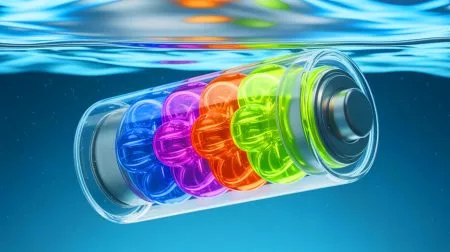 Illustration de la conception d'une batterie aqueuse recyclable utilisant un polymère organique innovant.