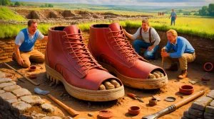 Illustration de la découverte de chaussures gigantesques au fort romain de Magna.