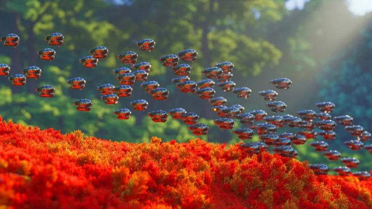 Illustration de robots coordonnés imitant les comportements collectifs des oiseaux, poissons et abeilles.