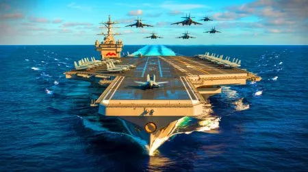 Illustration de l'USS Gerald R. Ford, le plus grand porte-avions du monde, symbole de la suprématie militaire américaine.