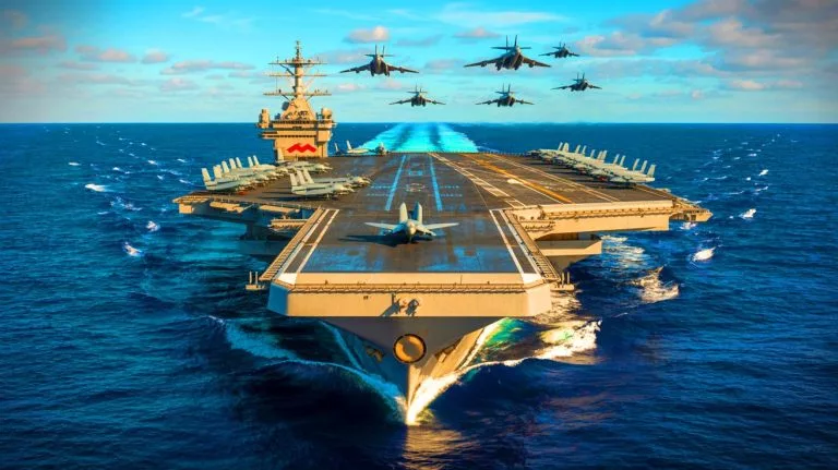 Illustration de l'USS Gerald R. Ford, le plus grand porte-avions du monde, symbole de la suprématie militaire américaine.