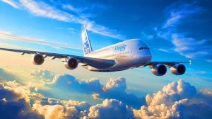 Illustration de l'Airbus A380 en vol, symbole de l'ambition européenne dans l'aviation.