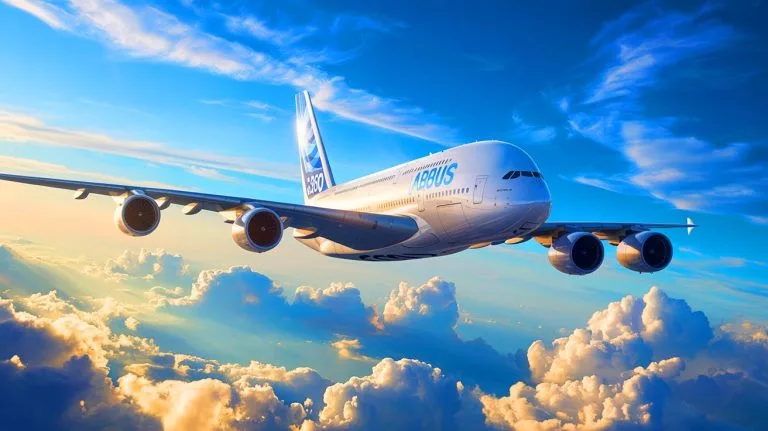 Illustration de l'Airbus A380 en vol, symbole de l'ambition européenne dans l'aviation.