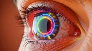 Illustration de l'implant innovant projetant des images directement sur la rétine pour restaurer la vue.