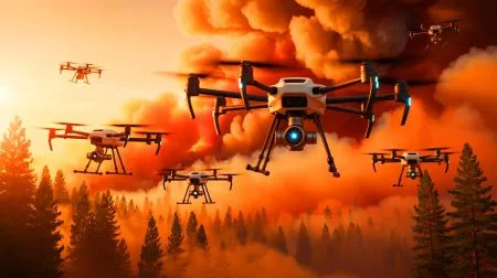 « Des drones volent dans les flammes » : cette technologie américaine qui traverse la fumée toxique pour prédire les incendies divise les pompiers sur la sécurité Illustration de drones innovants collectant des données sur les panaches de fumée des incendies.
