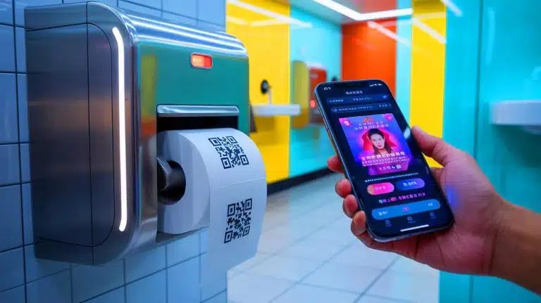 Illustration de l'accès réglementé au papier toilette dans les toilettes publiques chinoises via un système de QR code et publicité.