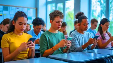 Les étudiants passeront 25 ans de leur vie sur smartphone avec 5,5 heures quotidiennes qui sabotent leurs performances académiques et leur sommeil Illustration de l'impact préoccupant des smartphones sur la vie des étudiants.