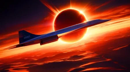 Illustration de l'observation de l'éclipse solaire à bord du Concorde 001 en 1973.