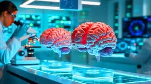 Illustration de la création de cerveaux miniatures en laboratoire pour améliorer l'efficacité de l'intelligence artificielle.