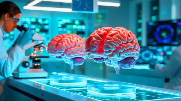 Illustration de la création de cerveaux miniatures en laboratoire pour améliorer l'efficacité de l'intelligence artificielle.