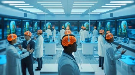 Illustration de l'implant cérébral N1 de Neuralink utilisé pour améliorer la communication des personnes paralysées.