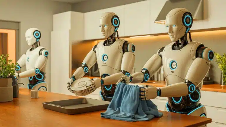 Illustration de robots humanoïdes développés par Figure accomplissant des tâches domestiques.