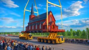 Illustration de l'Église de Kiruna déplacée pour l'expansion d'une mine de fer en Suède.