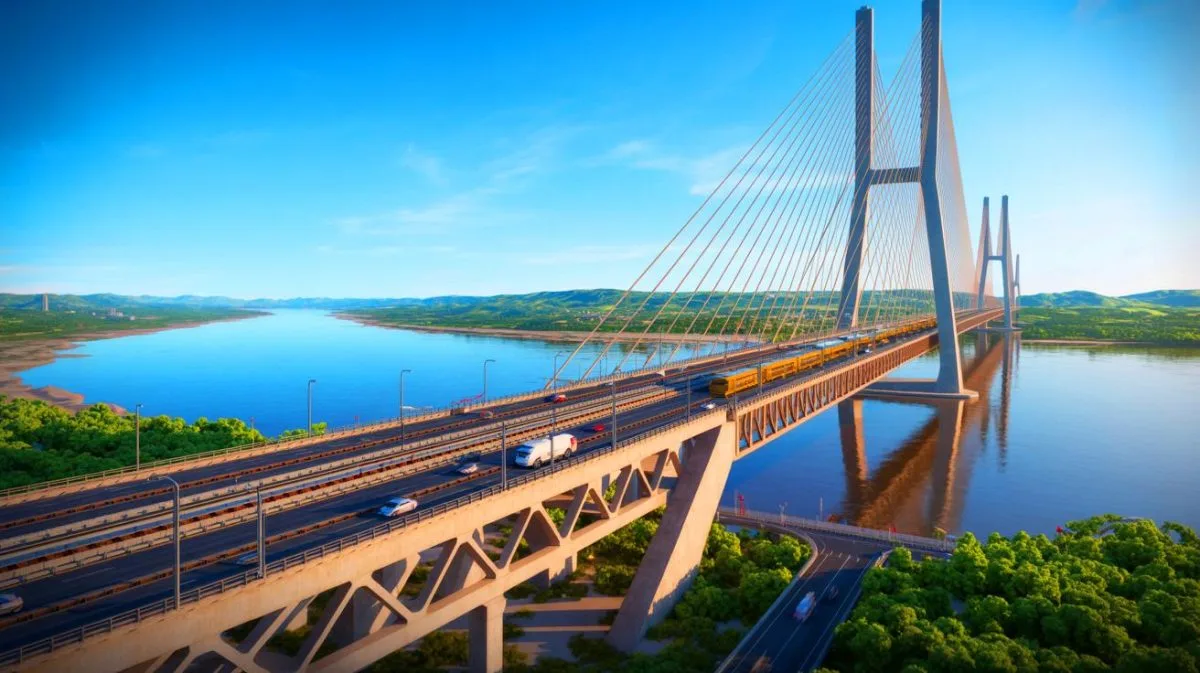 Illustration de l'ouverture du plus long pont à haubans du monde en Chine, reliant Changzhou et Taizhou.