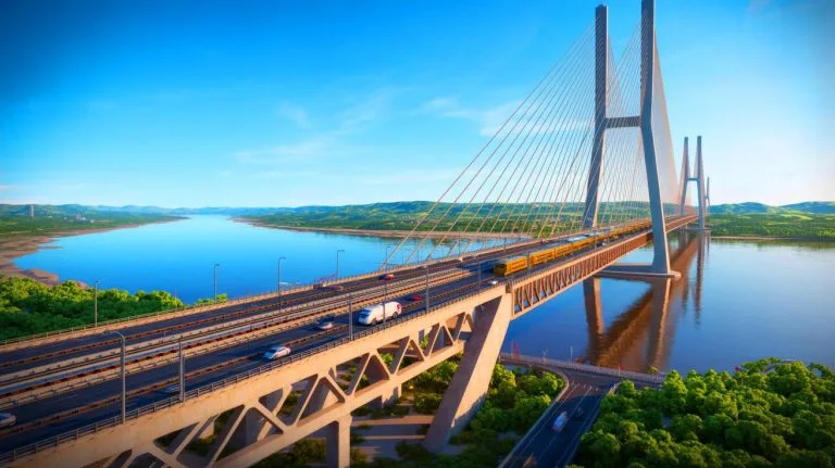 Illustration de l'ouverture du plus long pont à haubans du monde en Chine, reliant Changzhou et Taizhou.