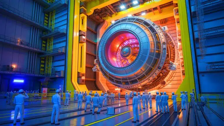 Illustration de l'installation du puissant aimant au sein du projet ITER pour la fusion nucléaire.