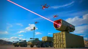 Illustration de l'Apollo High Energy Laser Weapon neutralisant des drones en vol.