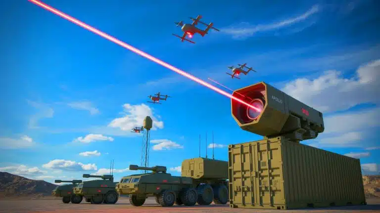 Illustration de l'Apollo High Energy Laser Weapon neutralisant des drones en vol.