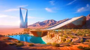 L’Arabie Saoudite construit une station de ski géante en plein désert avec neige artificielle pour les Jeux olympiques d’hiver 2029 Illustration de l'ambitieux projet Trojena, station de ski futuriste au cœur du désert saoudien.