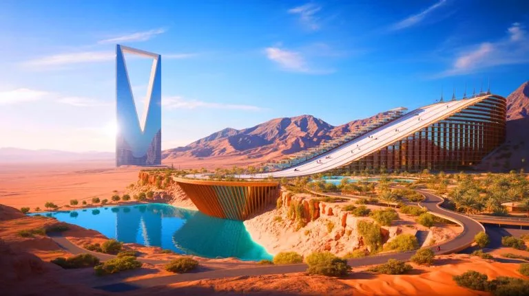 Illustration de l'ambitieux projet Trojena, station de ski futuriste au cœur du désert saoudien.