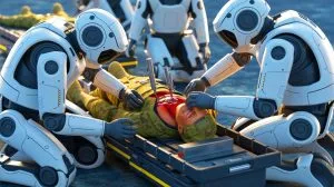 Illustration de robots médicaux autonomes développés par la DARPA pour stabiliser les hémorragies sur le champ de bataille.