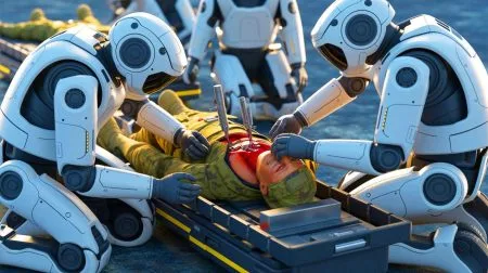 Illustration de robots médicaux autonomes développés par la DARPA pour stabiliser les hémorragies sur le champ de bataille.