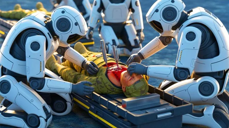 Illustration de robots médicaux autonomes développés par la DARPA pour stabiliser les hémorragies sur le champ de bataille.